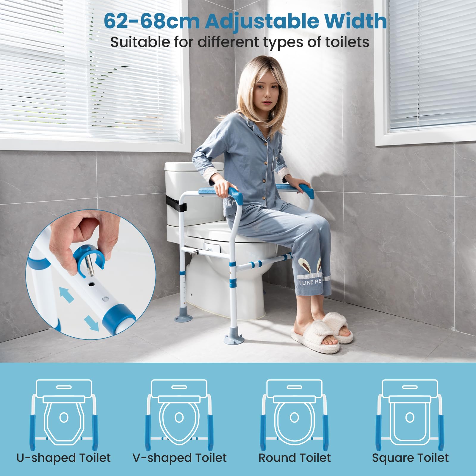 HOMASIS Rialzo WC per Anziani Regolabile in Altezza a 6 Posizioni, Maniglione Bagno Disabili con Piedini Antiscivolo, Alzawater per Anziani e Disabili, Fino a 136 kg, 68 x 49,5 x 78 cm (Blu)