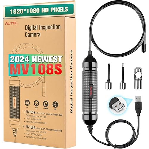 Autel MaxiVideo MV108S Digital Inspection Camera, 2023 Newer of MV108, 8.5mm USB Industrial Endoscope IP67 Waterproof, 1920P HD Borescope Camera 39.37'' Flexible Cord Snake Camera Tools & PC