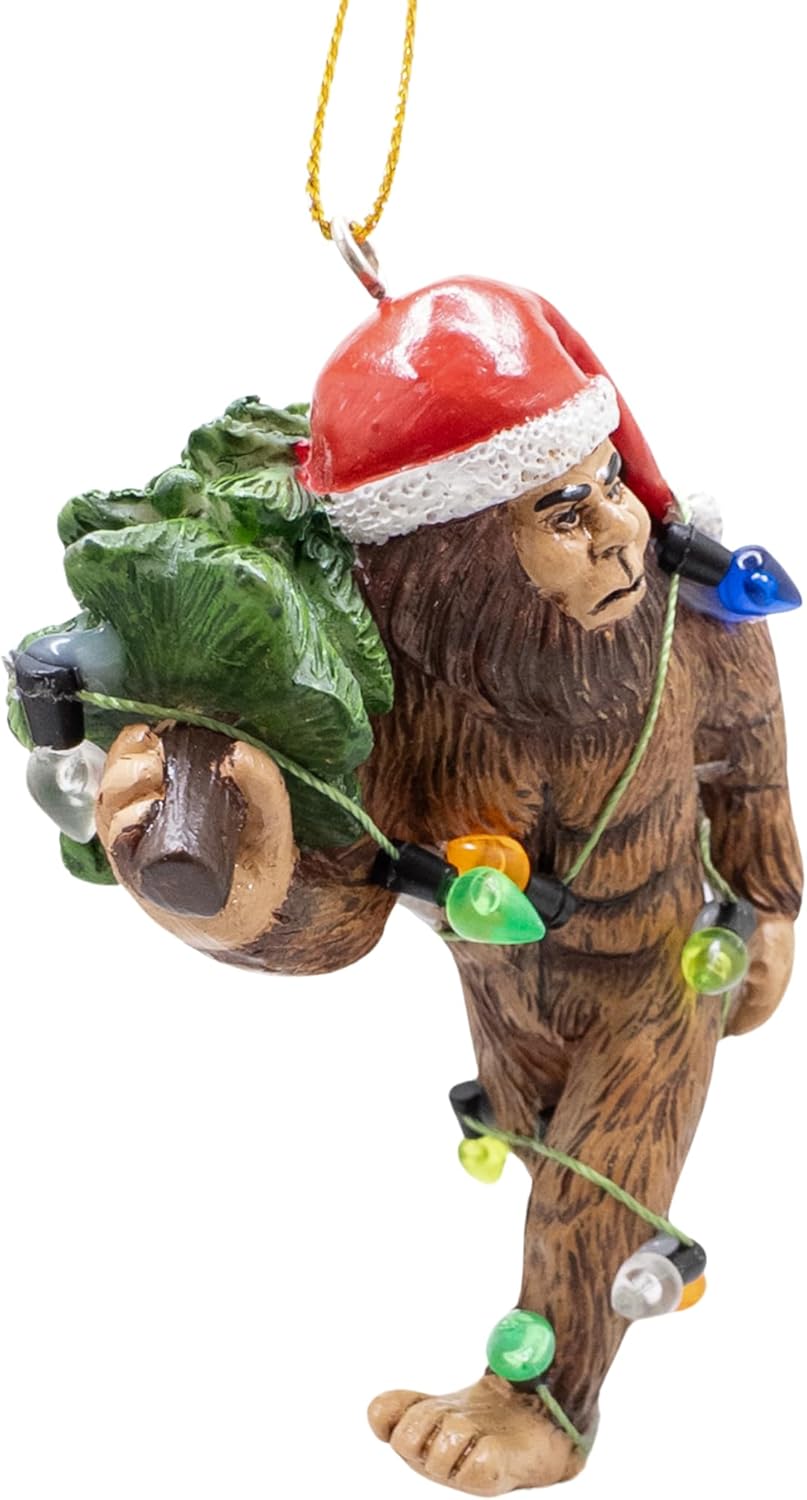 Ugly Bigfoot Wearing Santa Hat Walking with Tree Wrapped in Christmas Lights Sasquatch Funny Ornament - Image 4