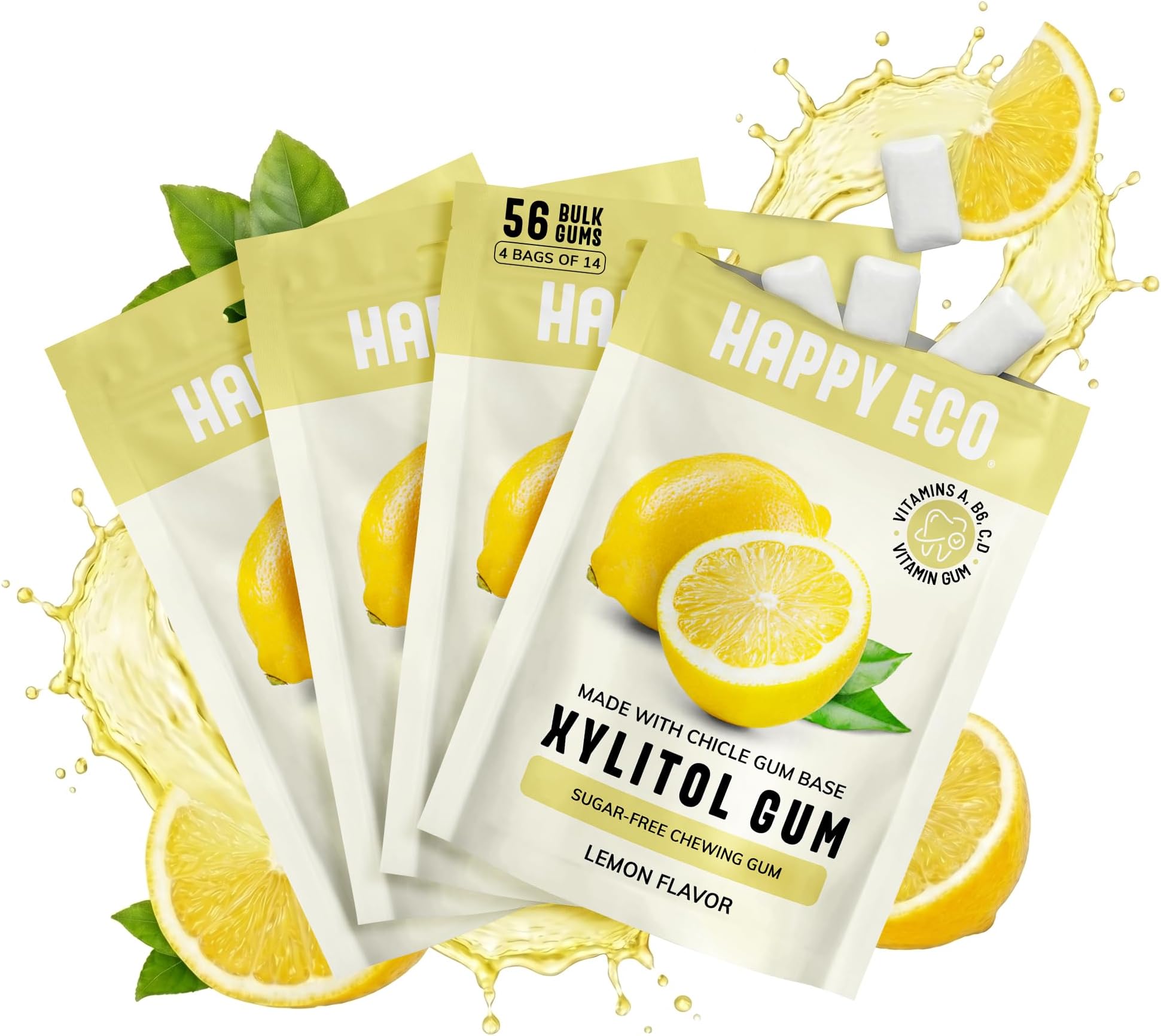 Xylitol Gum 4 Pack (56 Pieces) - Sugar Free, Plastic Free, Natural Chewing Gum and Vitamin Gum with Vitamins A,B6,C&D, Boost Gum, Aspartame Free, Vegan, Gluten Free, Keto (Lemon)