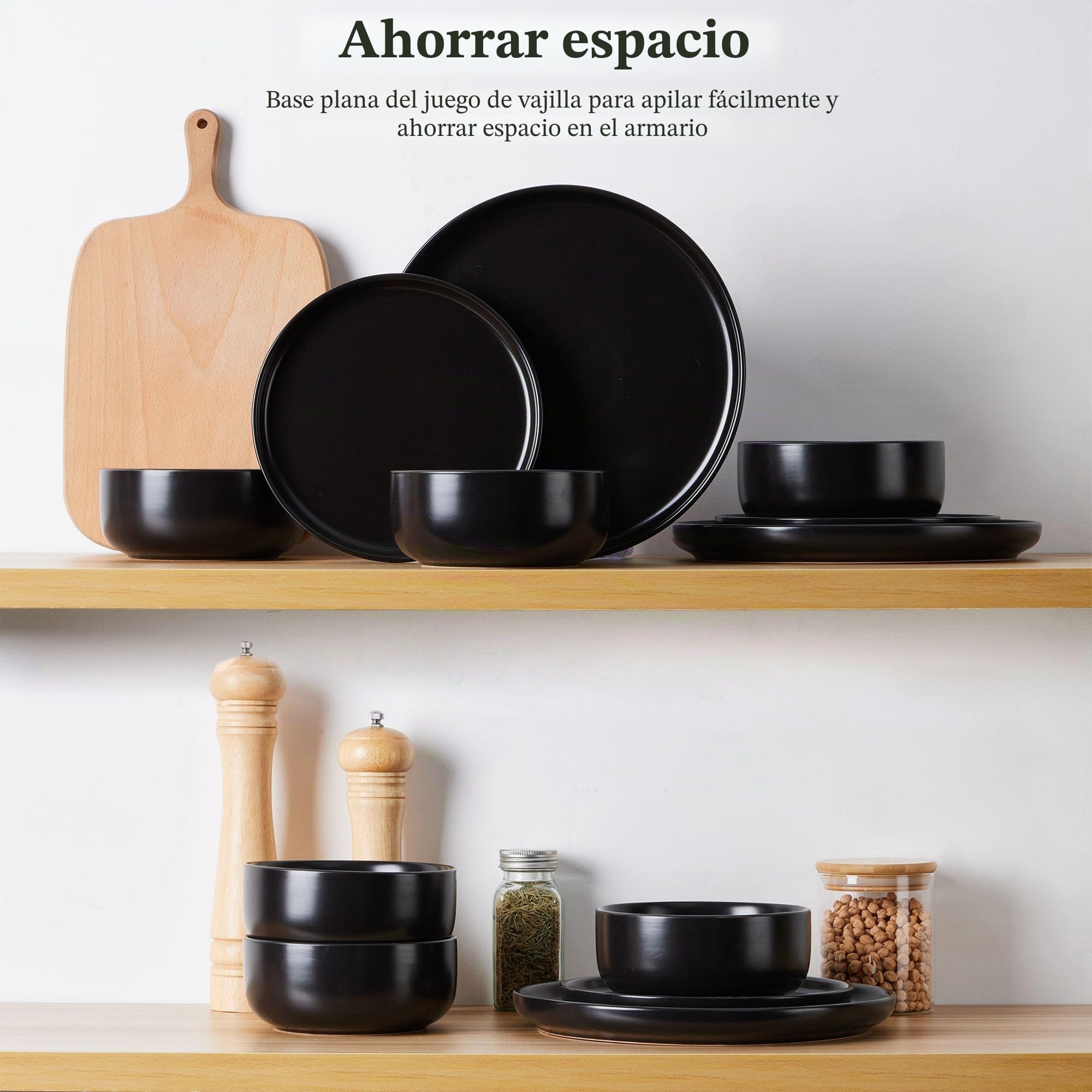 Joyfair - Vajilla para 6 personas, 18 piezas, de gres, esmaltado reactivo con platos planos, platos de postre, cuencos para cereales, apto para microondas y lavavajillas, negro Abyssal