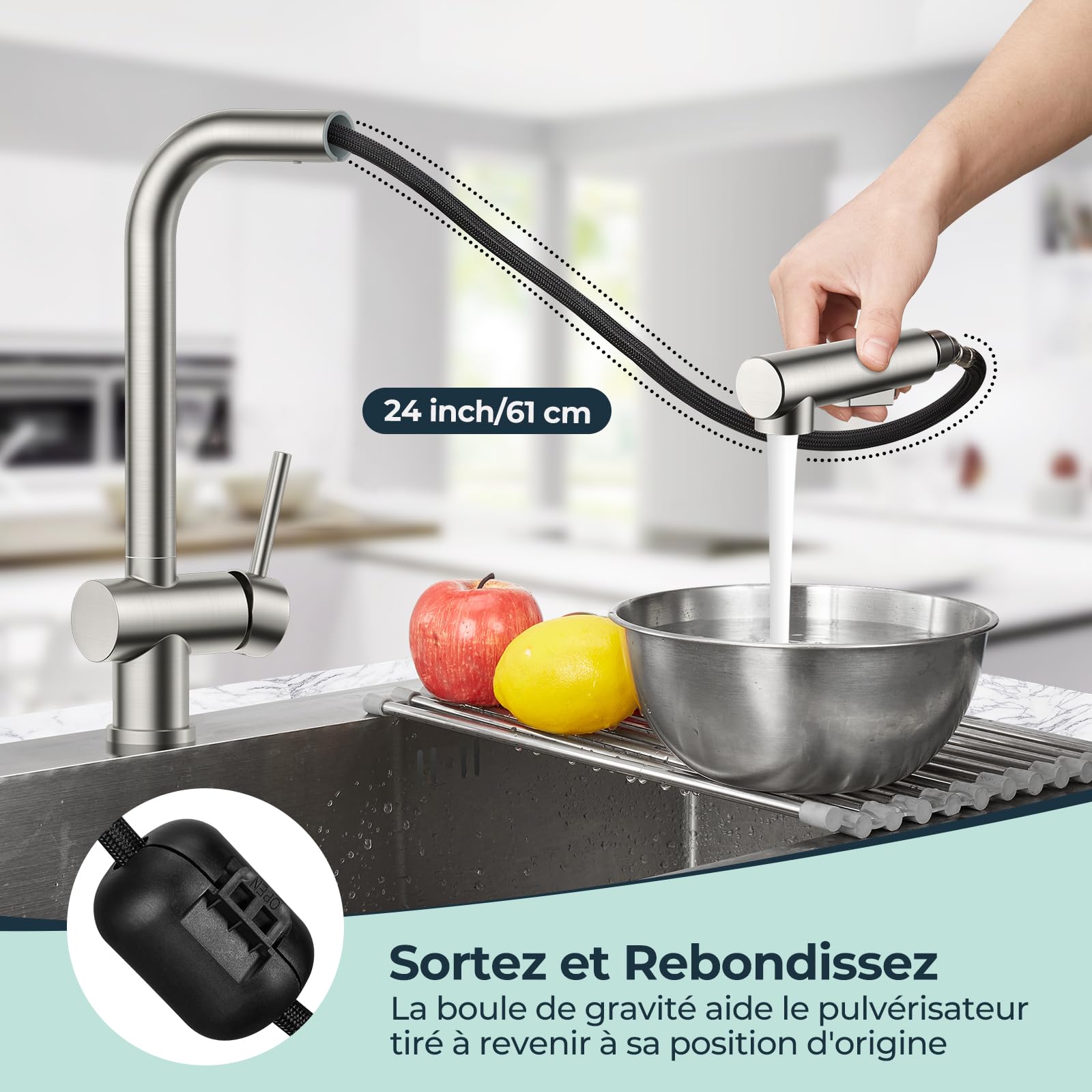 FORIOUS Robinet Cuisine, Mitigeur Cuisine avec Douchette Extractible, Pivotant à 360°et Double Pulvérisation, Acier Inoxydable
