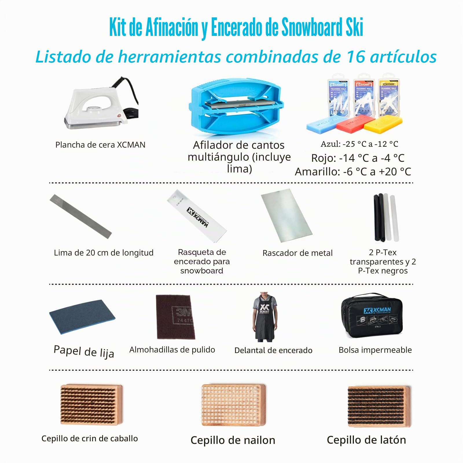 XCMAN Kit Completo de afinación y Encerado para esquí y Snowboard con Plancha enceradora, Cera Universal, afinador de Bordes, Cepillo, raspador de Cera, Ptex