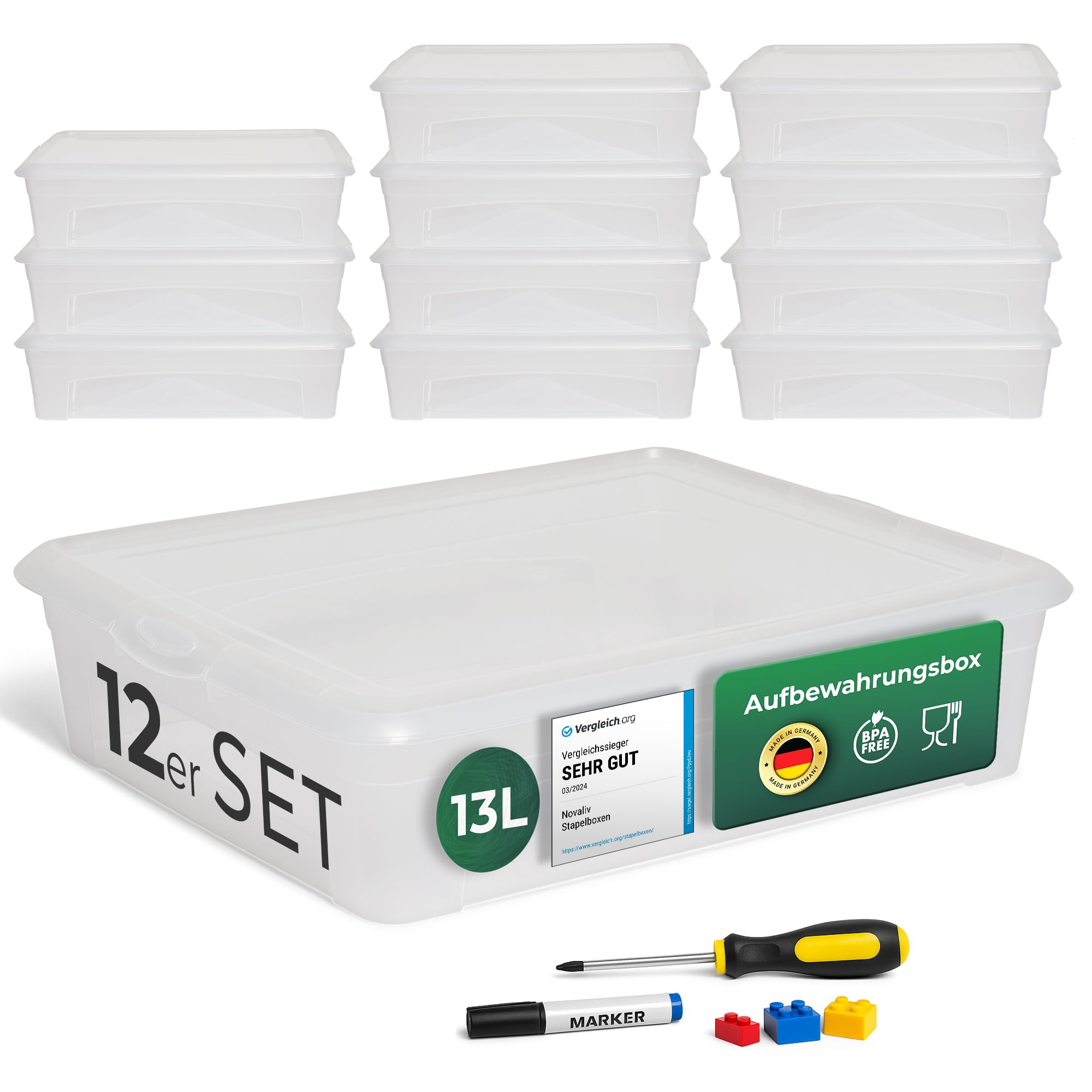 Novaliv 12 cajas de almacenamiento con tapa, 13 L, transparentes, apilables, con cierre de clip, plástico, sin BPA, 41 x 34 x 10 cm