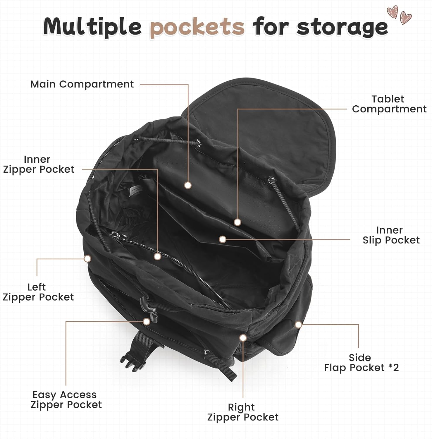 G4Free Small Backpack for Women, Nylon Casual Daypack for Work Travel Campus, Black