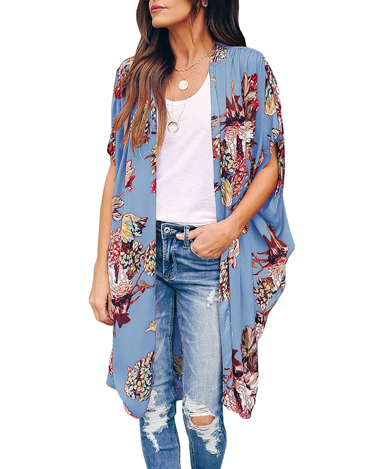 Ivay Women's Floral Kimono Cardigan - Oversized Beach Cover Up, Sky Blue, Lightweight