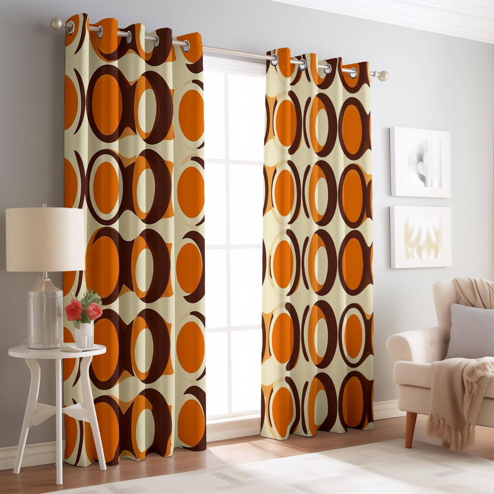 Rideau Occultant Bulles Vintage Imprimés Lot de Thermique Isolant Tenture Opaque à Oeillets Draperies Intérieurs pour Maison Chambre Salon Fenetre 140L X 260H cm (2 Panneaux), Orange Marron