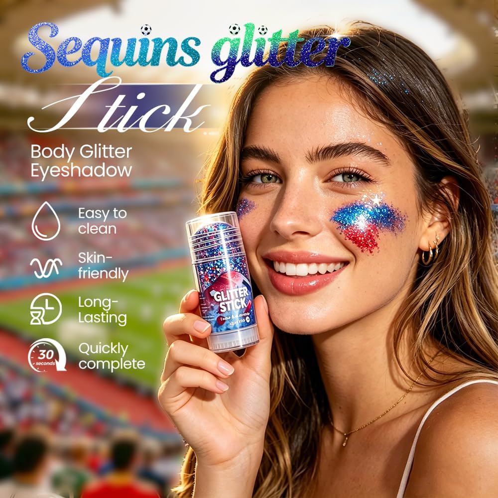 2026 Upgraded Red White and Blue Glitter Stick, Glitter Stick, Multi-Functional Hair Glitter, Easy Apply Star Glitter for Festivals, Festival Face Glitter for World Cup (1, Color A)