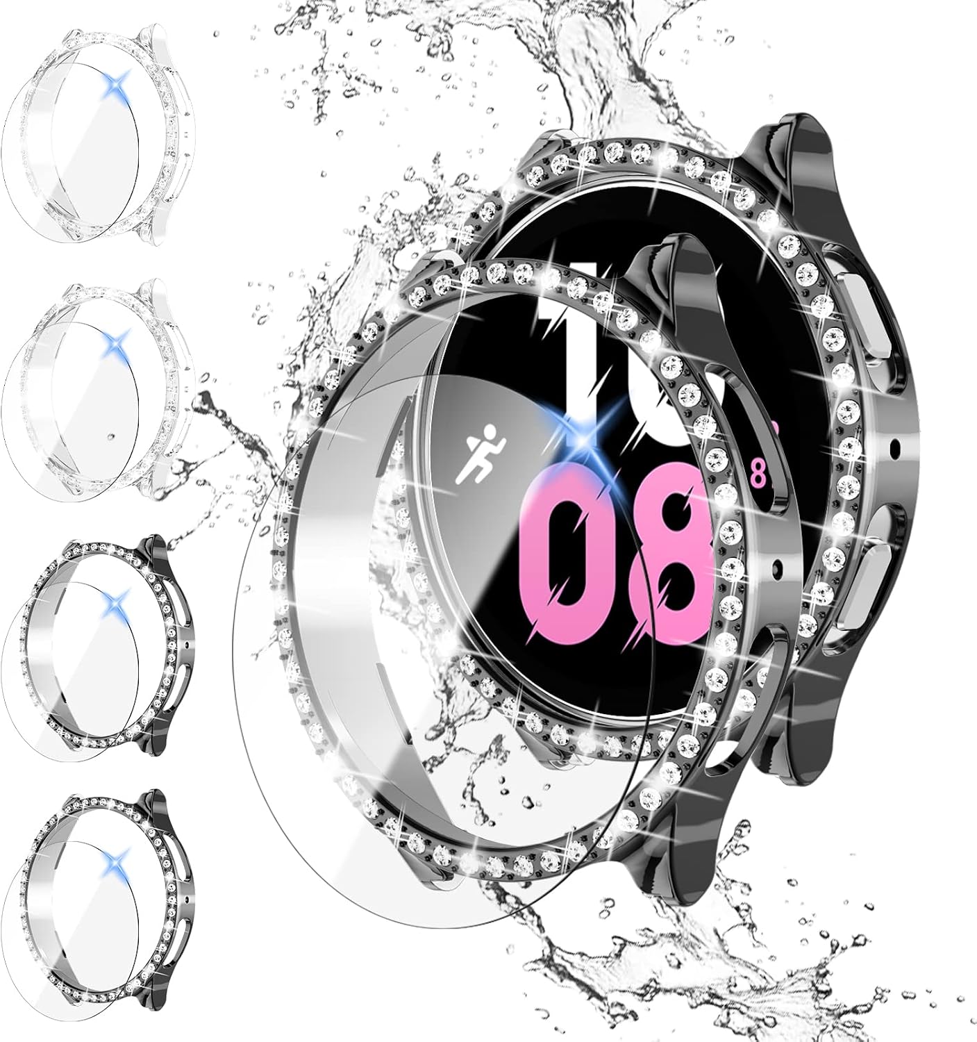 【4+4Pack】Bling Diamond Case for Galaxy Watch 5/Galaxy Watch 4 Screen Protector 44mm,Anti-Fog Tempered Glass Protective Film and Hard PC Cover Bumper,Samsung Watch 5/4 Smartwatch Accessories for Women