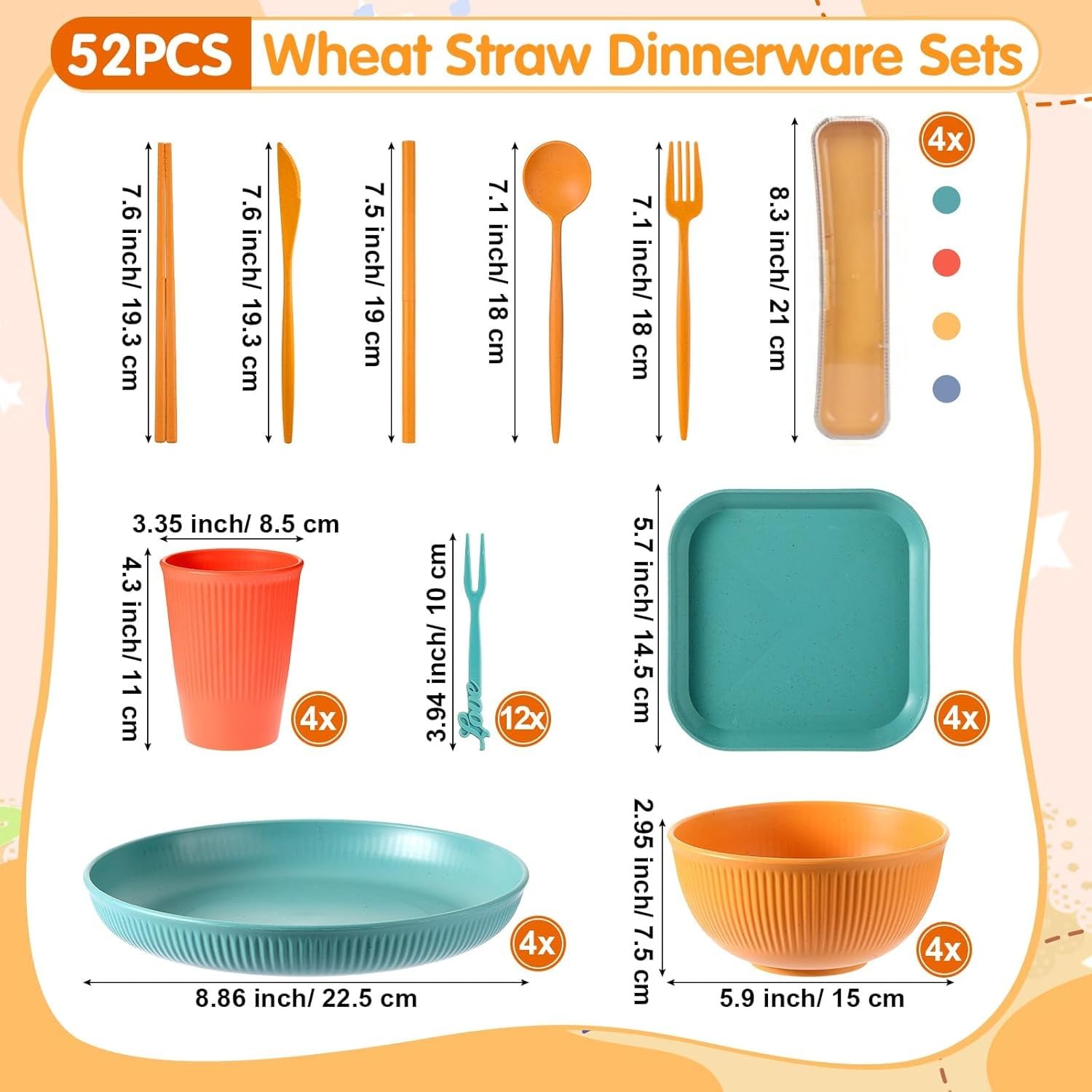 52 Pièces Vaisselle Camping, Vaisselle Plastique Reutilisable, Assiette Camping Accessoires Tasses Bols Fourchettes, pour Pique Nique, Fête, Camping (4 Couleurs)