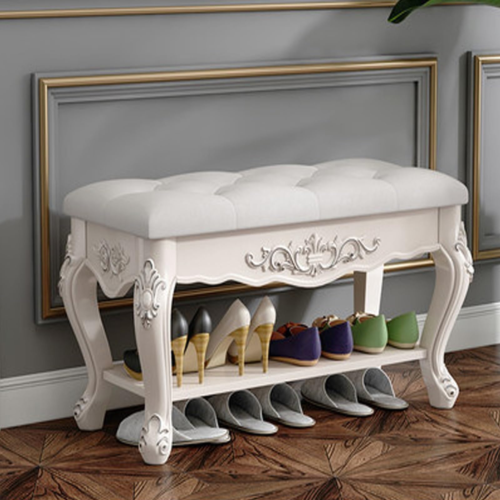 Medieval Style Entryway Shoe Bench with Padded Seat