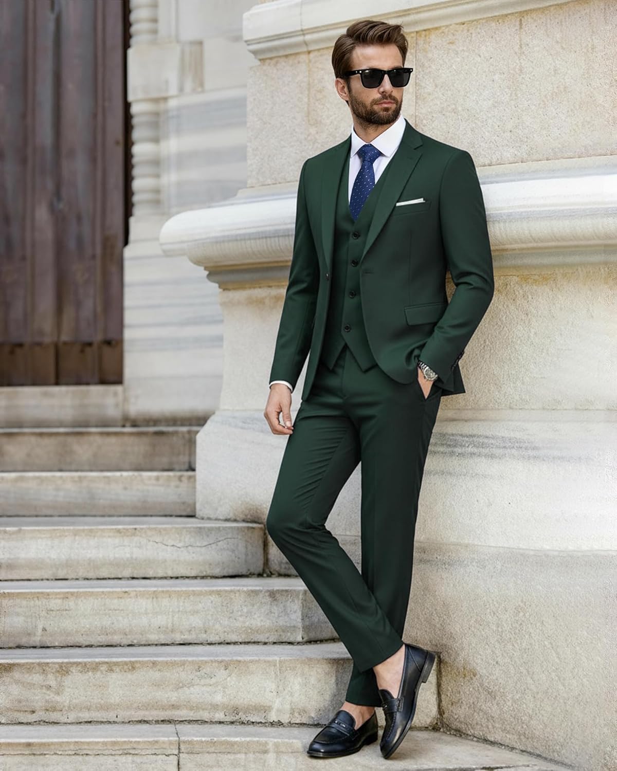 EastSide Men's Slim Fit 3 Pieces , One Button Sets Vest Pants Coat Suit, Deep Green, Large - Image 4