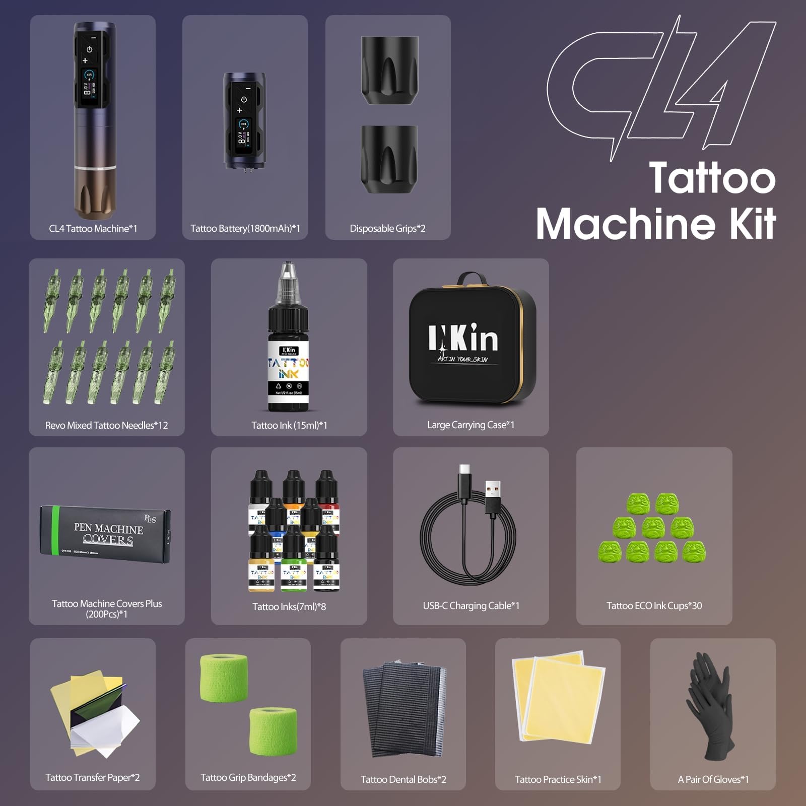 INKin Kit Tatuaje Completo, Maquina de Tatuar Kit Completo Inalámbrico Profesional con Batería 2 Piezas de 1800 mAh Fuente de Alimentación y Revo Agujas Tatuaje, Tinta Tatuaje para Tatuadores- CL4