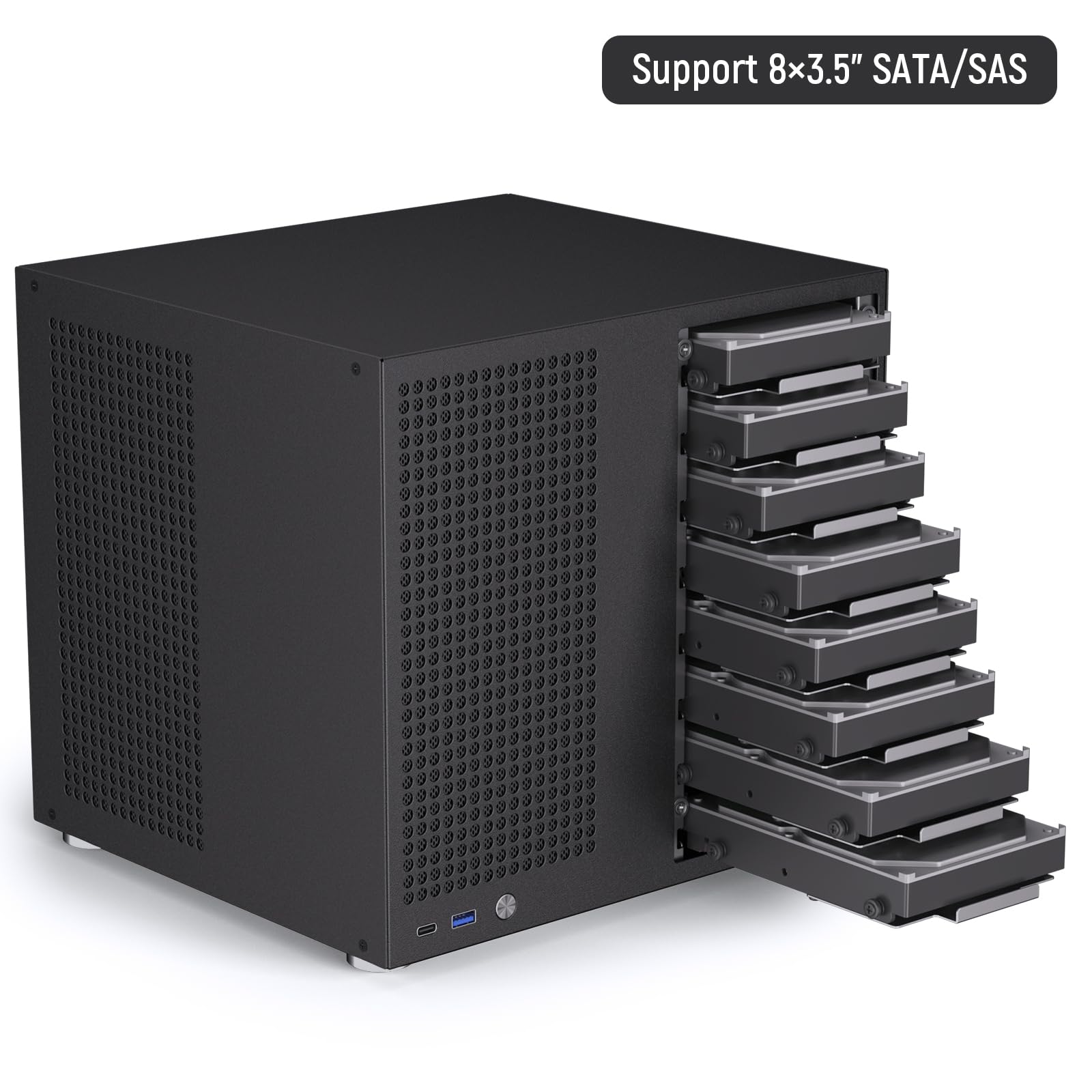 Boîtier NAS 8 baies, compatible avec carte mère MATX ITX et bloc d'alimentation ATX, compatible SATA et SAS HDD, 8 x 3,5 Hot-Swap + 2 x 2,5 SSD, boîtier PC NAS à double chambre avec 4 ventilateurs