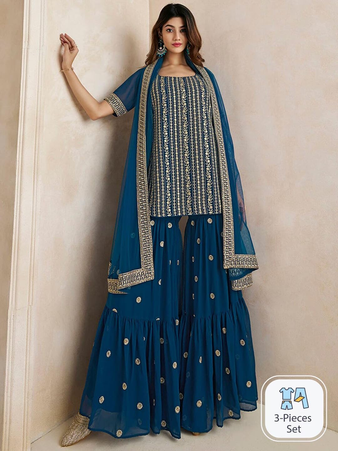 Fashion Basket Georgette Embroidered Kurta Set For Women Turquoise