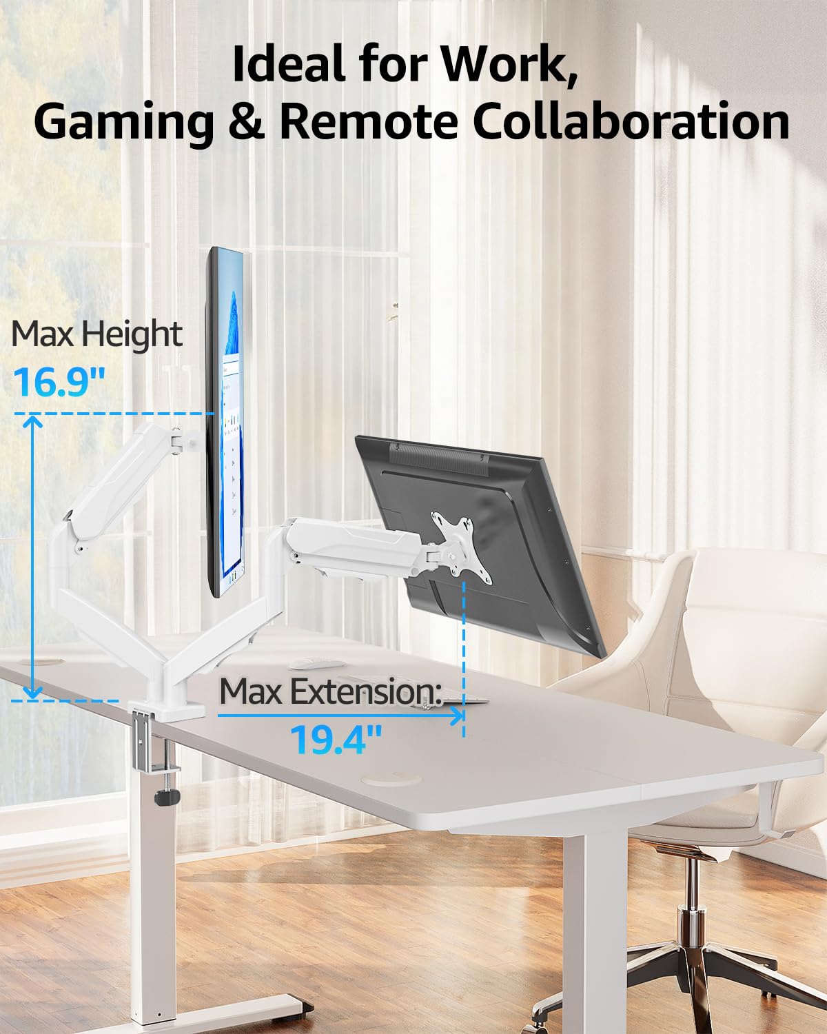 MOUNTUP Soporte doble para monitor para escritorio, brazos de monitor para 2 monitores máximo de 32 pulgadas, soporte de monitor doble ajustable en altura, soporte VESA con abrazadera en C y base de