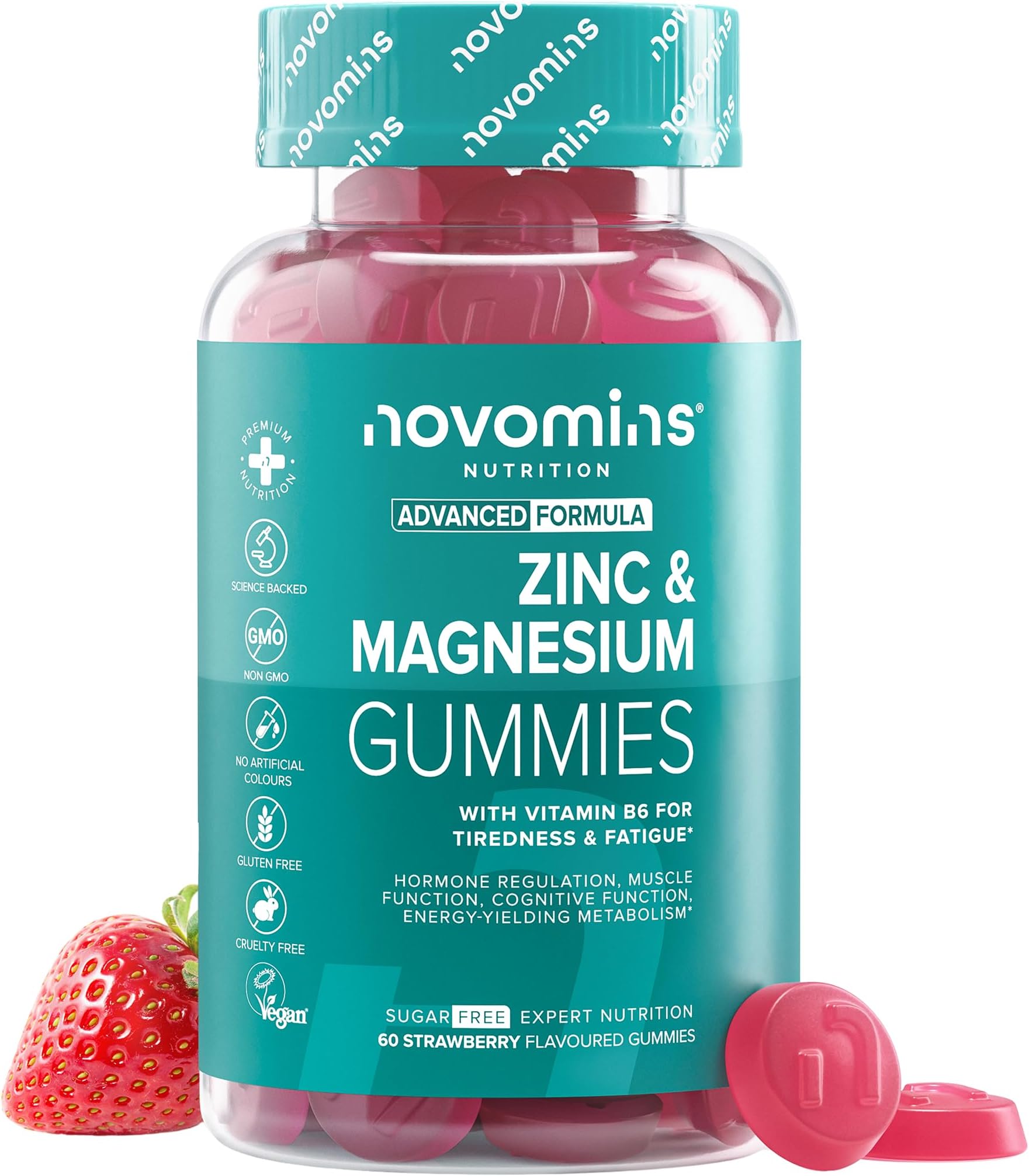 Zinc & Magnesium Gummies - Sugar Free - 60 Gummies - Supplements for Men & Women - Muscles, Bones & Energy - with Vitamin B6 - High Strength Magnesium & Zinc Supplements - Novomins