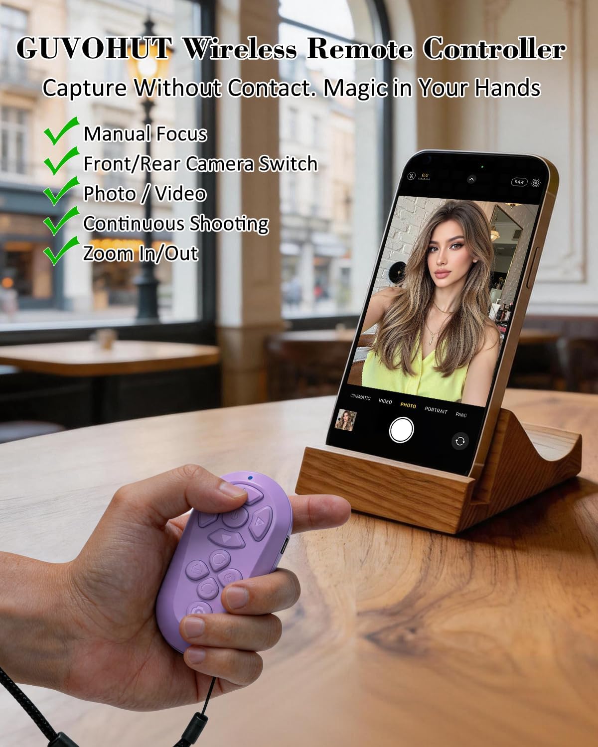 Bluetooth Remote Controller for TikTok Scrolling/Camera/Video Recording/Kindle App Compatible with iOS/Android (Light Purple)