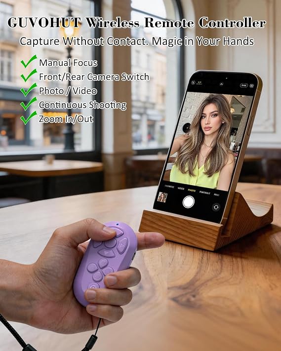 Bluetooth Remote Controller for TikTok Scrolling/Camera/Video Recording/Kindle App Compatible with iOS/Android (Light Purple)