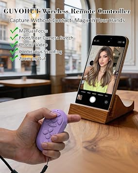 Bluetooth Remote Controller for TikTok Scrolling/Camera/Video Recording/Kindle App Compatible with iOS/Android (Light Purple)