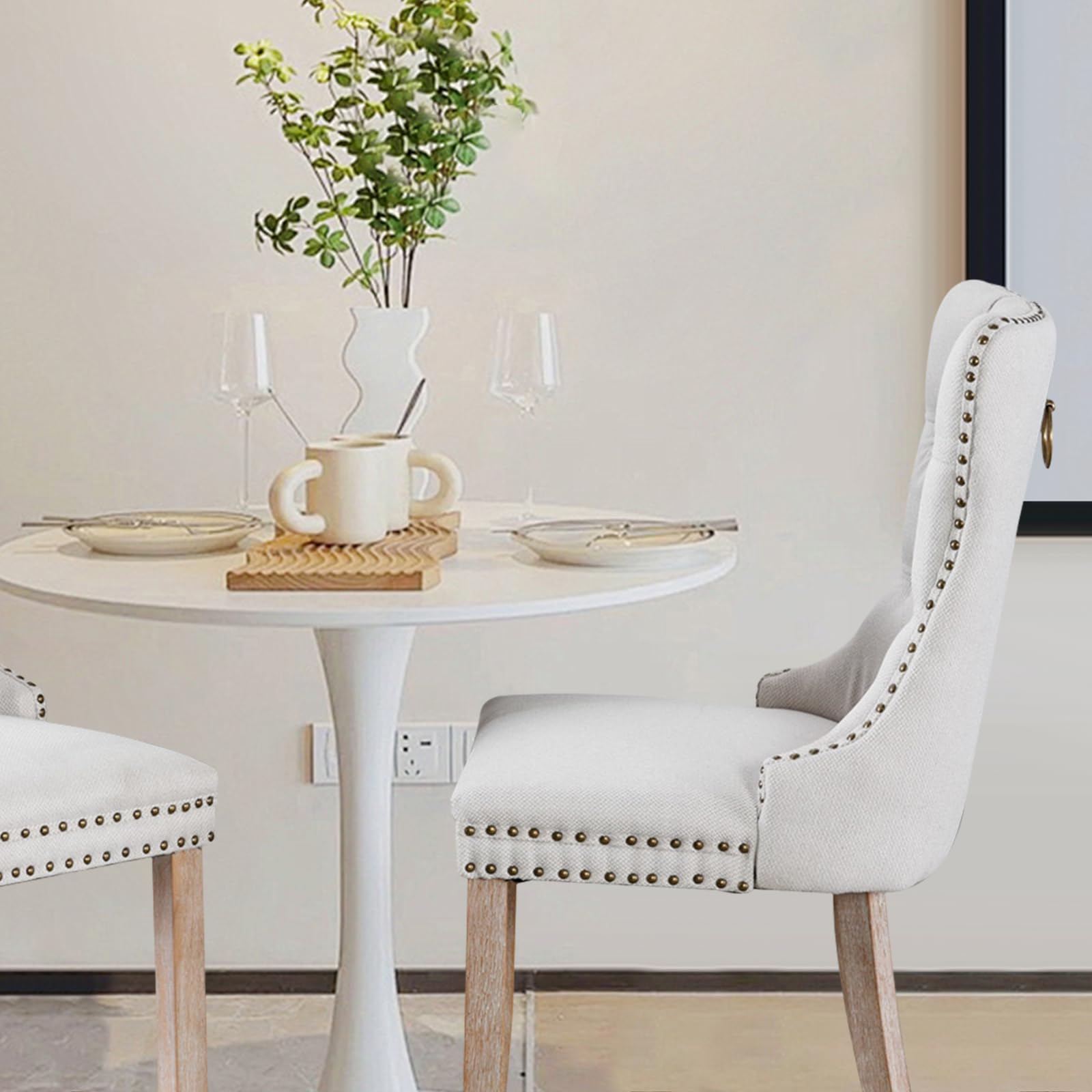 Lot de 6 chaises de Salle à Manger rembourrées en Lin de Style Moderne avec Garniture en Clou et Pied en Bois, Anneau de Traction en métal pour Salle à Manger, Salon (Beige)