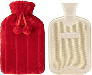 HomeTop Premium Classic Rubber Hot Water Bottle and Luxurious Faux Fur Plush Fleece Cover w/Pom Pom Decor (Red)