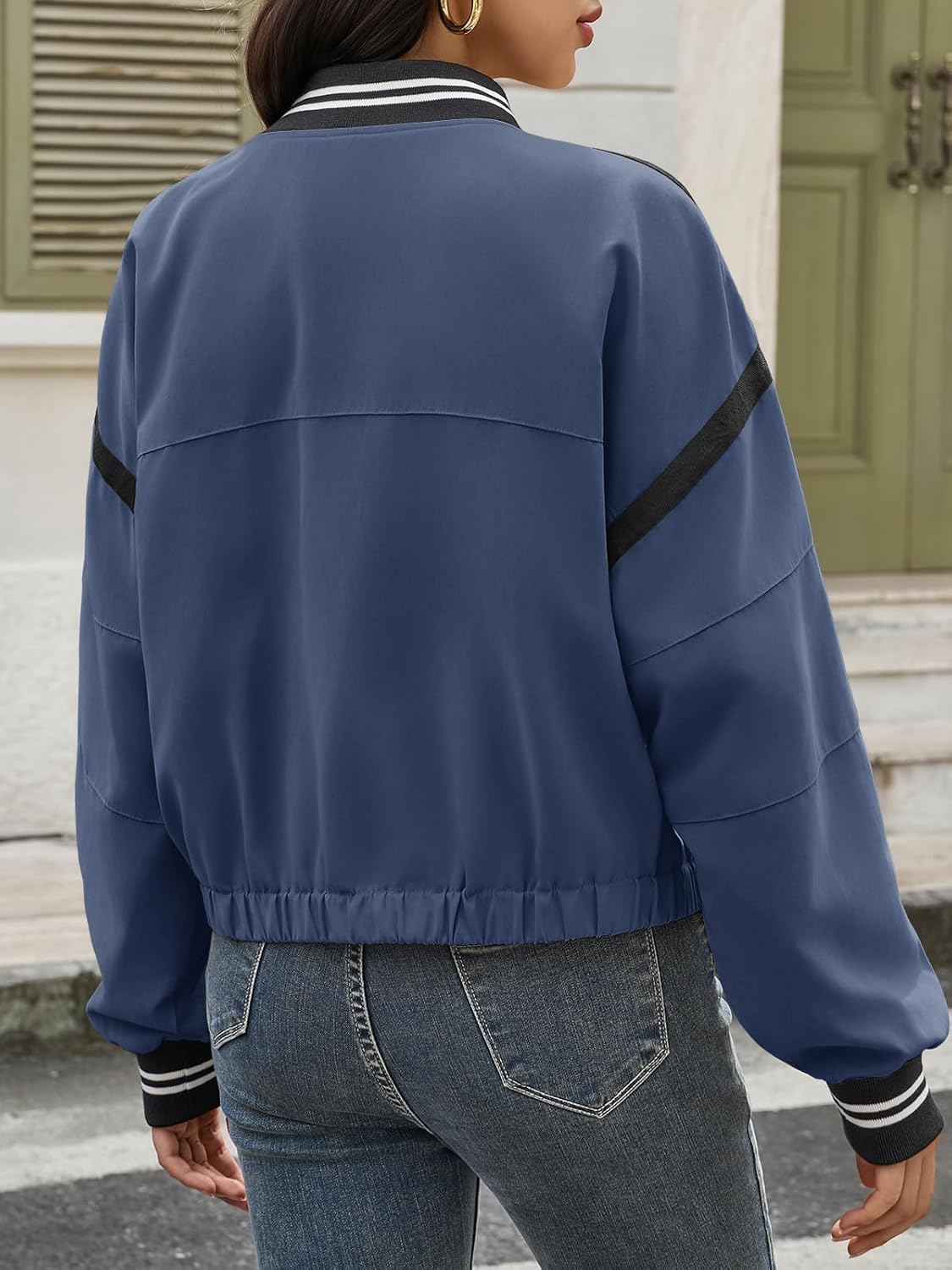 Tankaneo Womens Cropped Bomber Jacket Varsity Casual Button Down Lightweight Utility Coat Spring Outerwear with Pockets - Image 2