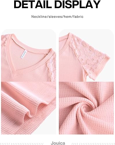 Miniatura 7 de Jouica Blusa de manga corta con encaje y cuello en V para mujer, holgada, informal, de punto gofre