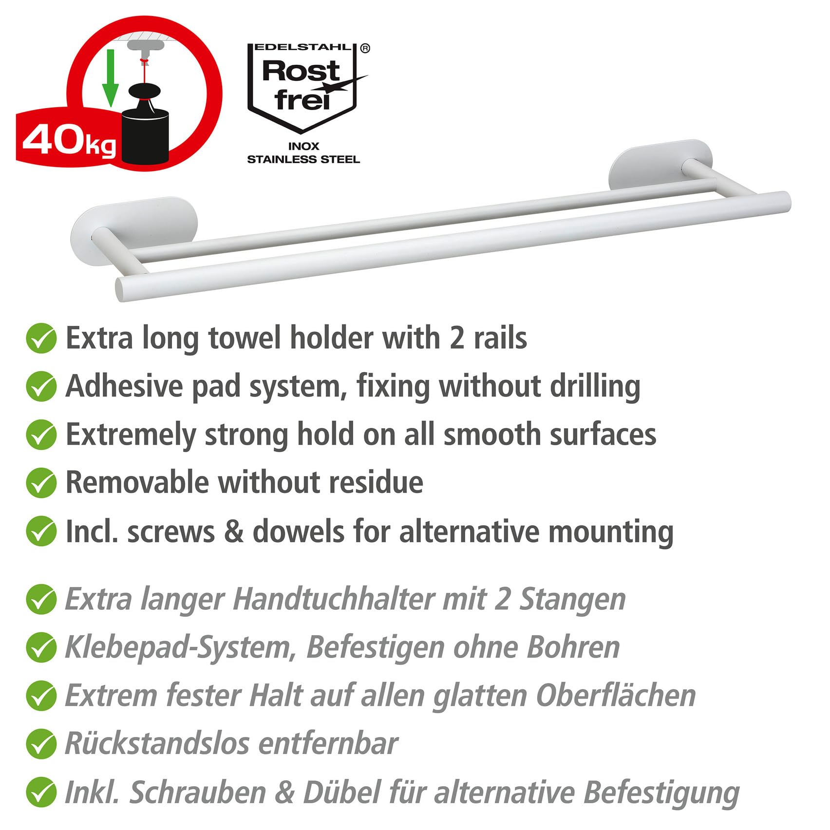 WENKO Turbo-Loc® Badetuchstange Duo Orea White matt, 60 cm, Doppel Handtuchstange aus rostfreiem Edelstahl, 60 x 4,5 x 12 cm, Weiß