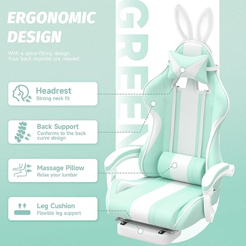 Miniatura 32 de Ferghana Kawaii Bunny Ears - Silla de juegos con reposapiés y masaje, sillas ergonómicas de cuero para niñas, adultos, adolescentes y niños, color