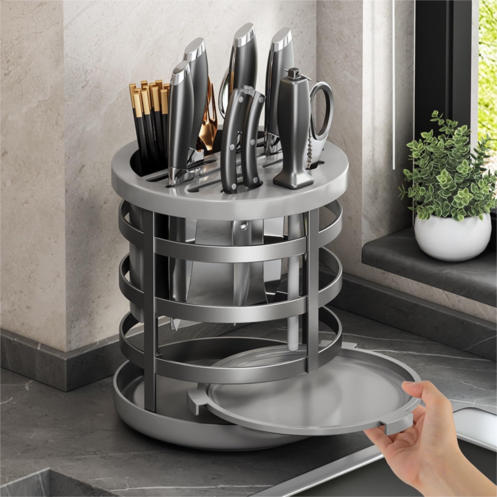 Bloque para Cuchillos Utensilios De Cocina Soporte Giratorio De 360° For Cuchillos, Organizador Cocina con Bandeja Extraíble Herramientas(Gray)