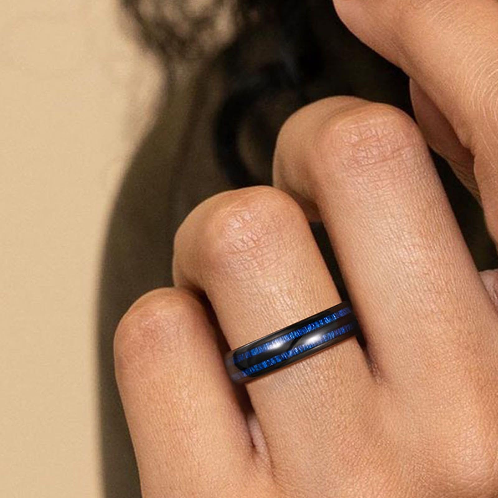 Anillo de boda de carburo de tungsteno para hombre, anillos de aniversario para hombre, anillo de grano de madera azul pulido con incrustaciones