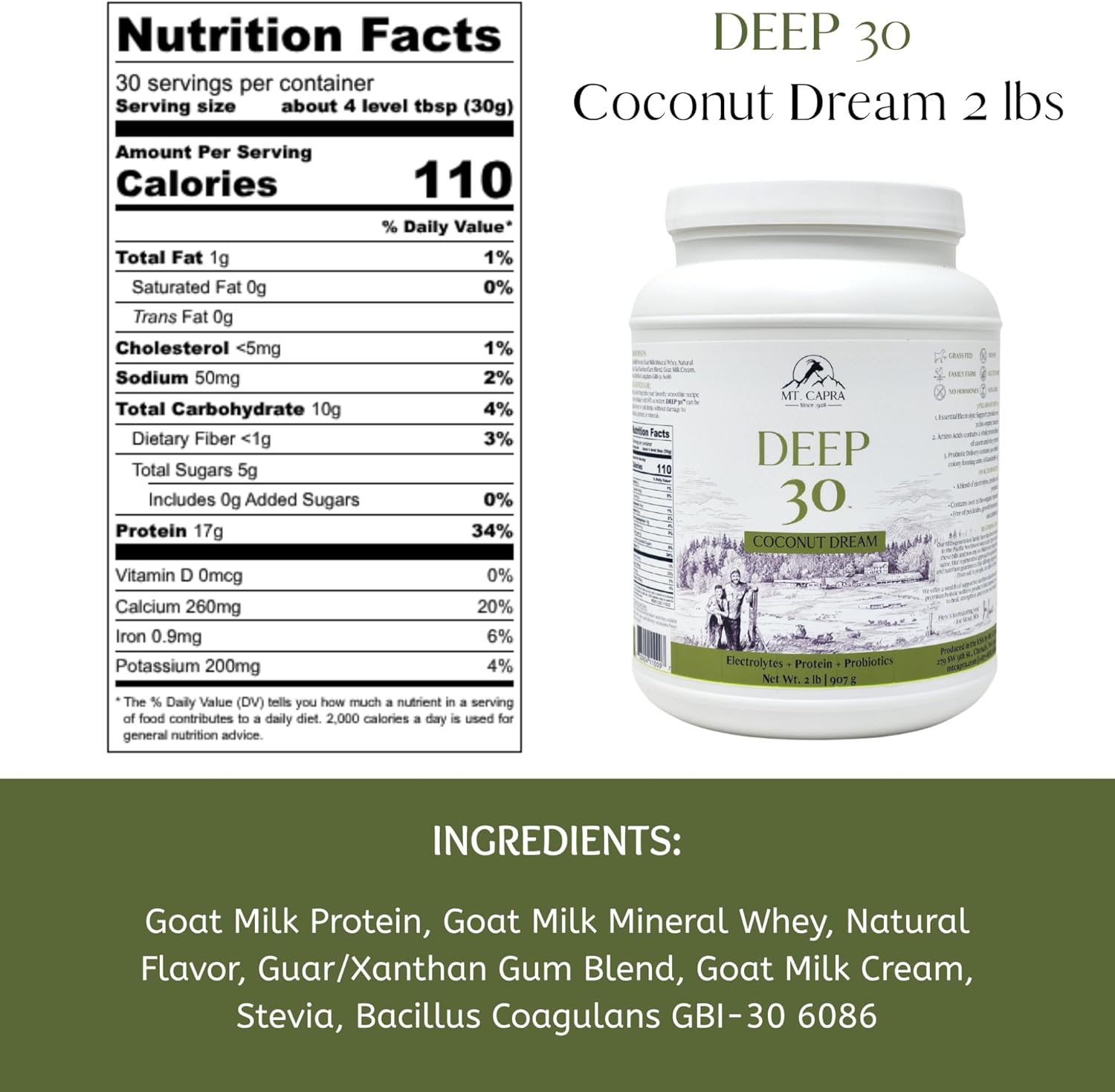 Mt. Capra Deep 30 | Meal Replacement Shake, Goat Protein Powder with Grass-Fed Whey Protein, Casein Protein, Minerals, and BC-30 Probiotics | Coconut Dream | 30 Servings - 2 Pounds