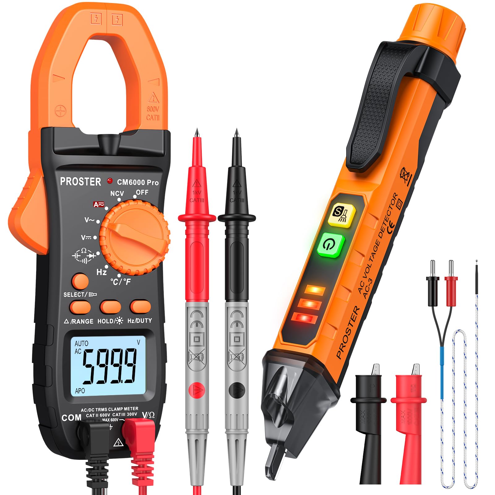 Proster Clamp Meter Non-Contact Voltage Tester Kit TRMS 6000 Counts