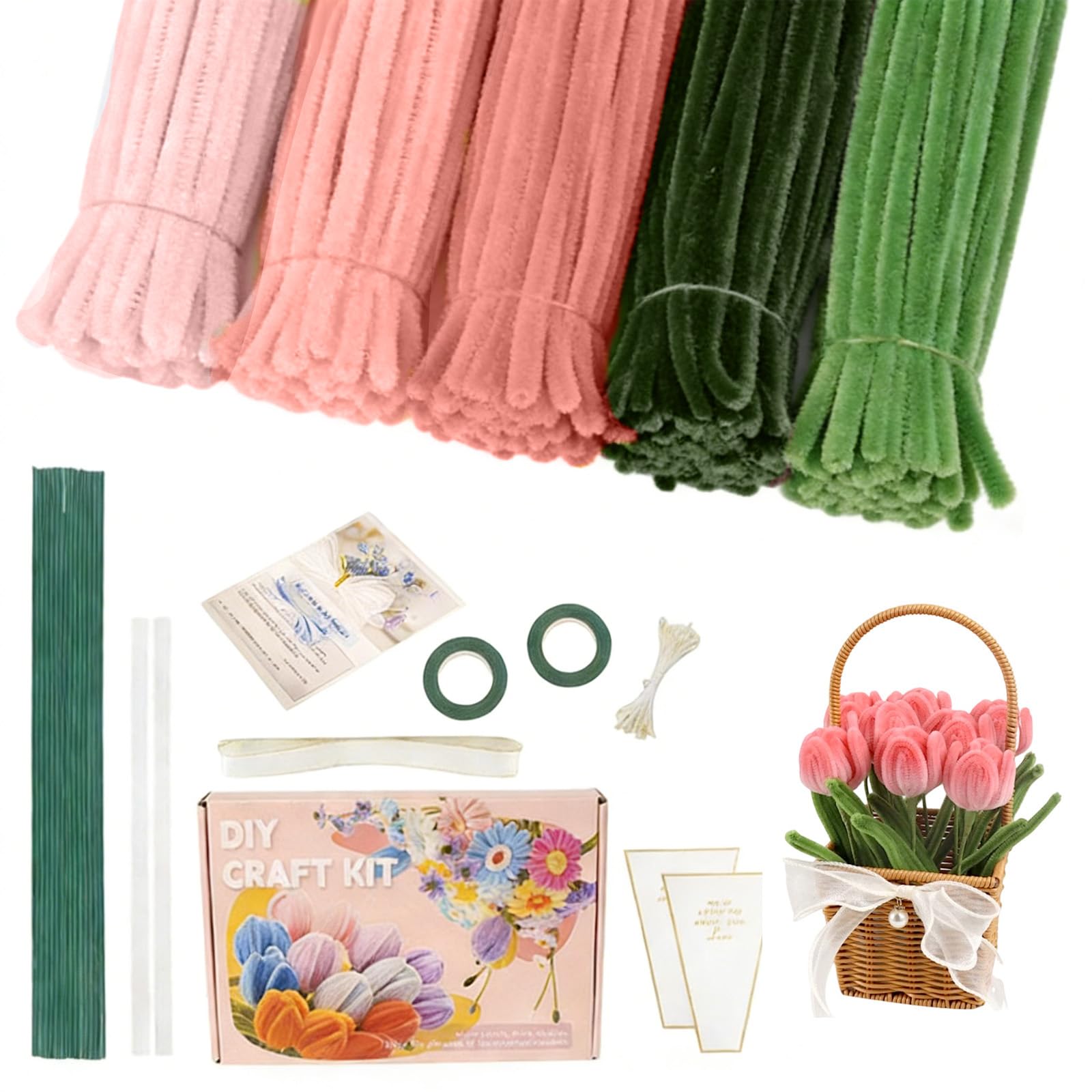 500 PCS Pipe Cleaner Flower Kit, Pipecleaner Flowers, Pipecleaner Flowers for DIY Lily, Rose, Tulip, Sunflower Bouquet, Arts Crafts Supplies for Parent-Child Activity & Gift Wrapping (Tulips)