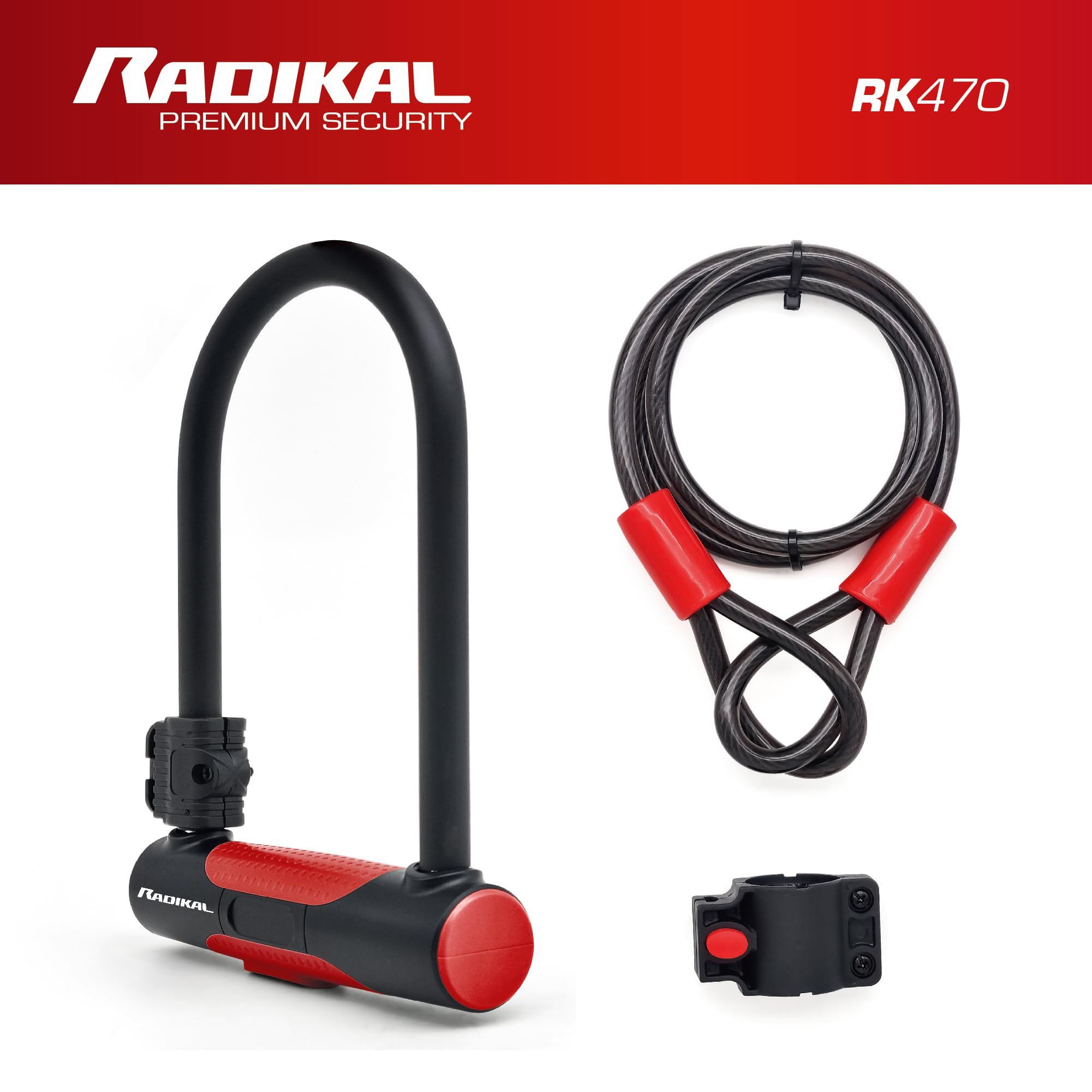 RADIKAL RK470 Candado Bicicleta en U con Cable 120cm, Antirrobo Bicicleta Acero Endurecido + Soporte, U Lock Bici Seguridad Urbana Resistente y Portátil, Candado Patinete Eléctrico, Scooter, 3 Llaves
