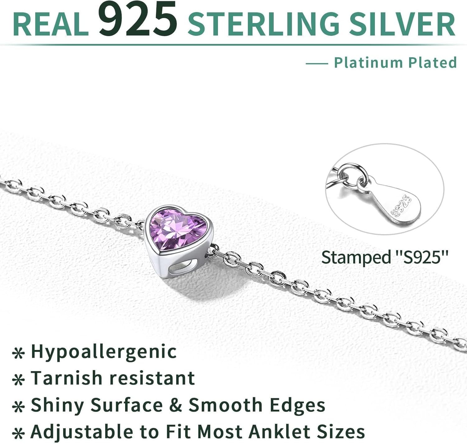ChicSilver 925 Sterling Silver Anklets for Women, Simple Dainty Round/Heart Birthstone Ankle Bracelet Beach Foot Jewelry, 8.7-10.7 Inch Adjustable