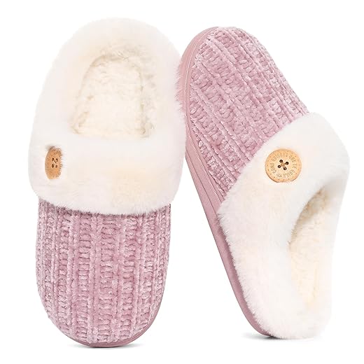 Evshine Warm Knit House Slippers for Women Comfy Wool-Like Lined Chenille Slippers with Memory Foam and Indoor Outdoor Soles