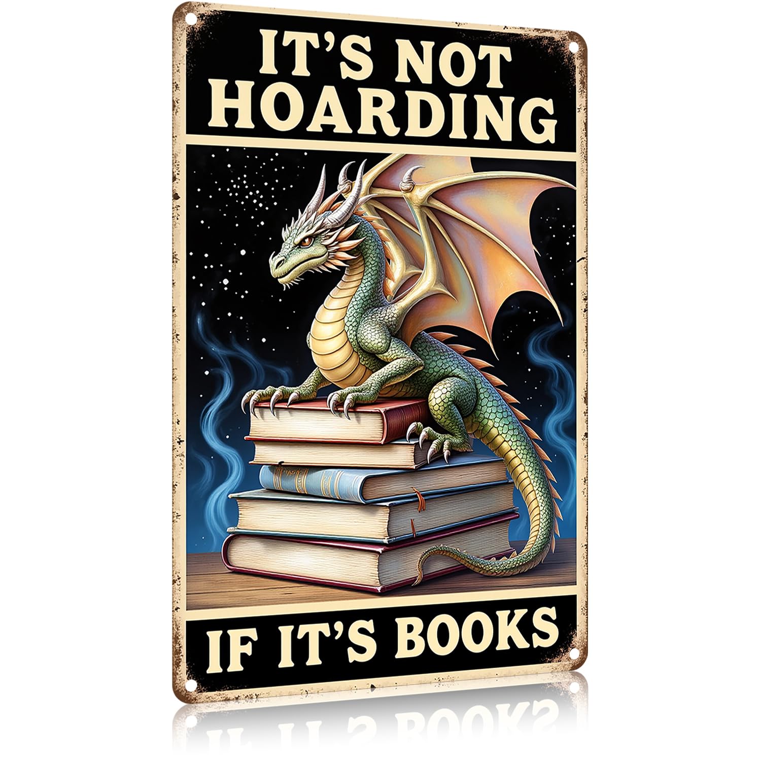 FunnySign Bookish Gifts Dargon Gifts Vintage Dragon Tin Sign It's Not Hoarding If It's Books Sign for Home Cafe Bedroom Library Bookshelf Wall Decor 8x12 Inch (9828)