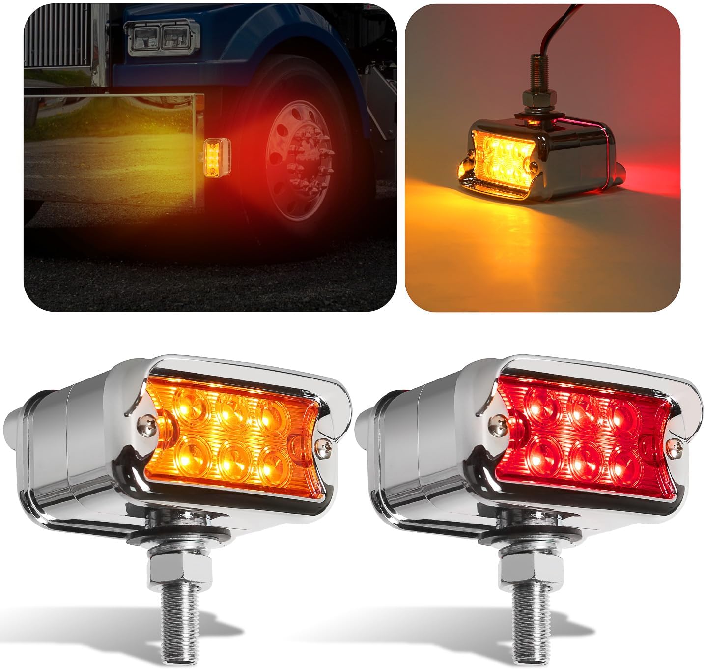 2PCS Amber/Red Dual Revolution 12 LED Turn Signal Marker Lights w/Visor, Semi Truck Double Face Chrome Auxiliary Bumper Pedestal Lights for Freightliner Peterbilt Kenworth Mack Western Star