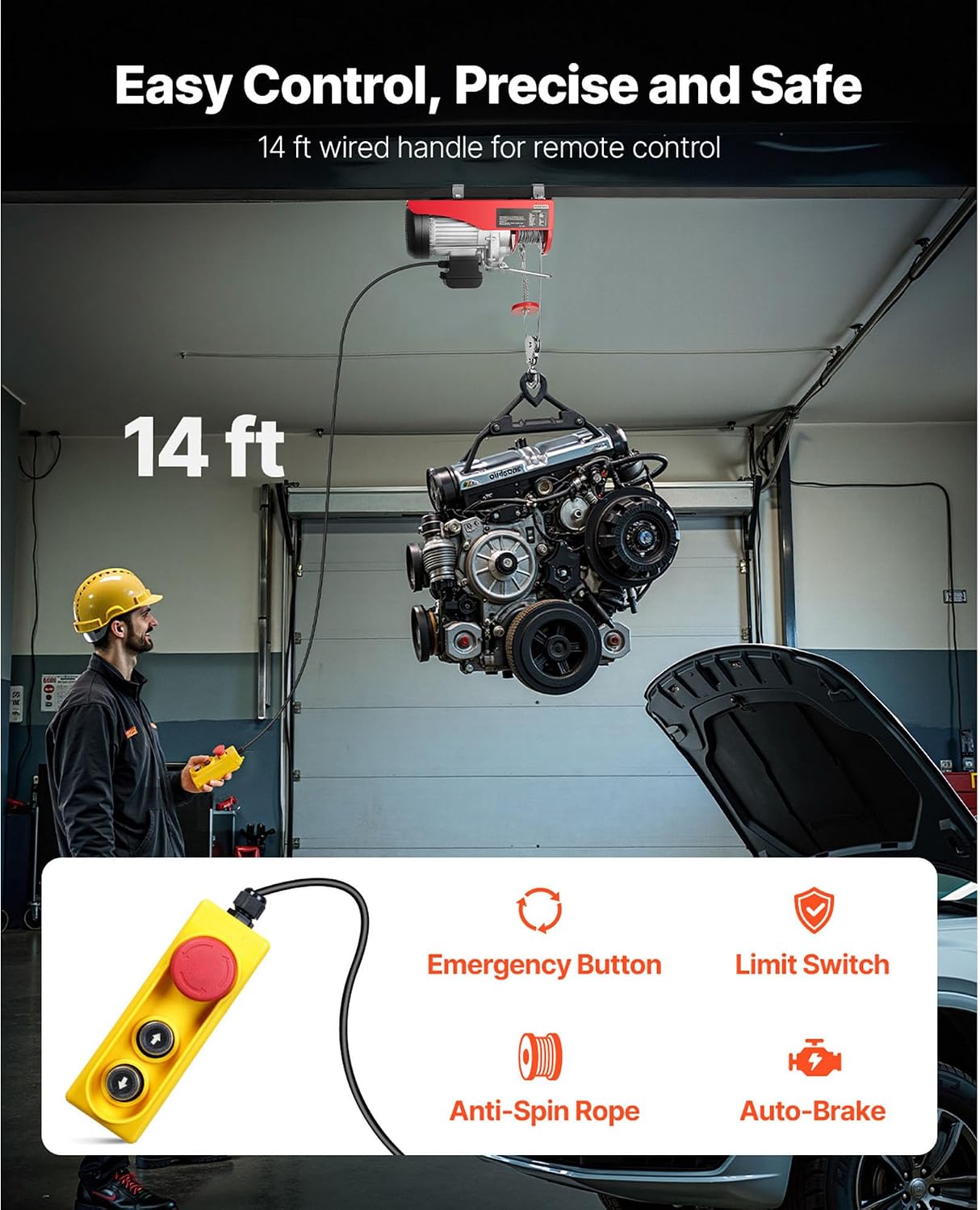 Happybuy Electric Hoist, 2200 lb Overhead Crane Garage w/Steel Hook, Remote Control & Emergency Stop Switch Ceiling Pulley Winch for Warehouse, Construction, Goods Lifting, 110V Red, 2200Lbs