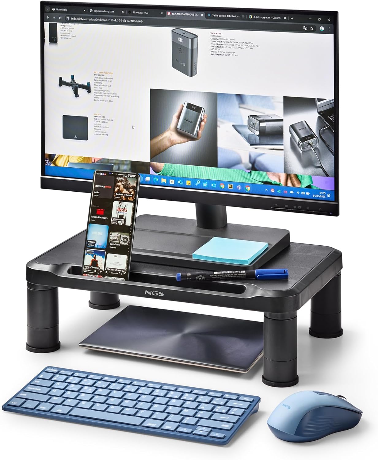 NGS Screen Stand – Ergonomic Monitor Stand with 3 Adjustable Heights, Non-Slip Feet, Storage Space, ABS Plastic Resistant up to 20 kg, 38 x 24 x 11.5 cm