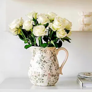 Vintage White and Green Floral Ceramic Vase with Handle, Retro Ice Glazed Crack Farmhouse Pitcher Vase for Home Decor, Living Room, Shelf, Office, Rustic Table Centerpiece 8 Inch