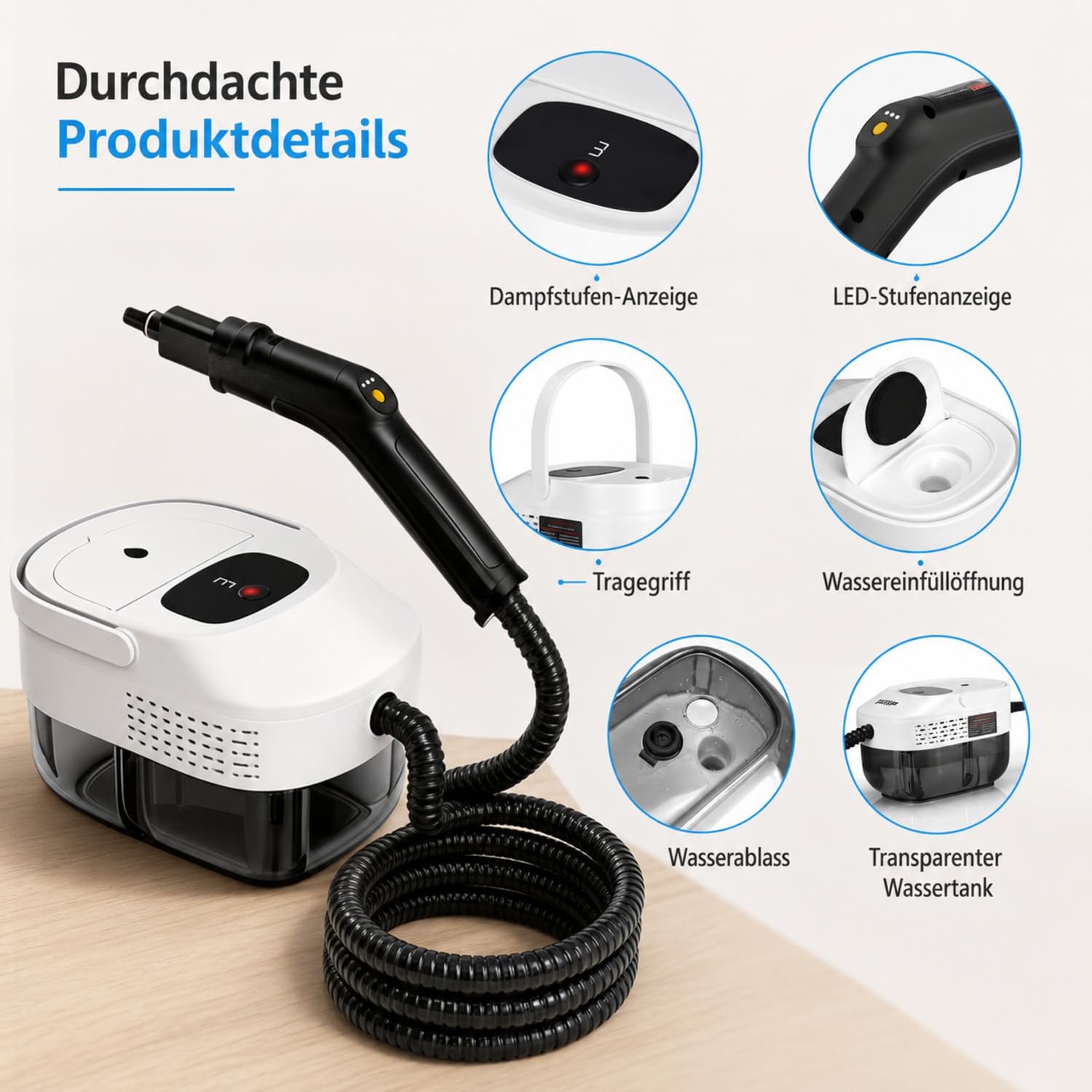 2500 W 1.6L Nettoyeur Vapeur Portable, 3 Niveaux Balai Vapeur pour Sol