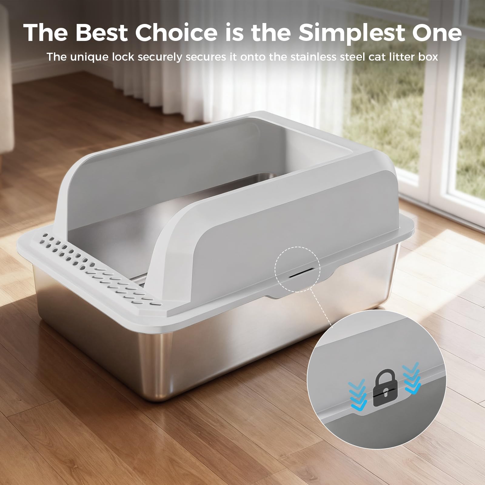 GTPLAYER Stainless Steel Cat Litter Box XL - Extra Large High-Sided Open-Top Metal Litter Box for Large & Multi-Cat Homes, Splash Guard, Low Entry, Easy Clean 304 Steel with Step, Mat & Scoop, White - image 3