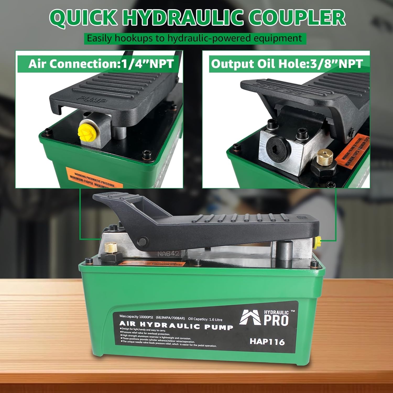 10,000 PSI Air Hydraulic Pump, 1.6L Reservoir, NPT 3/8" Oil Outlet, NPT 1/4" Inlet, Foot Pedal Operated, for Auto Body Frame Machines, Hydraulic Press, and Hole Punch, Green