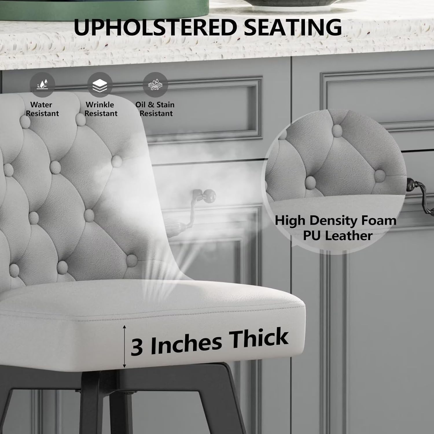 MINCETA 26 Inch Swivel Bar Stools Set of 2, Counter Height PU Leather Upholstered Barstools with Low Tufted Back, Footrest & Beech Wood Legs, 360° Bar Chairs for Kitchen Island, Home Bar Light Gray