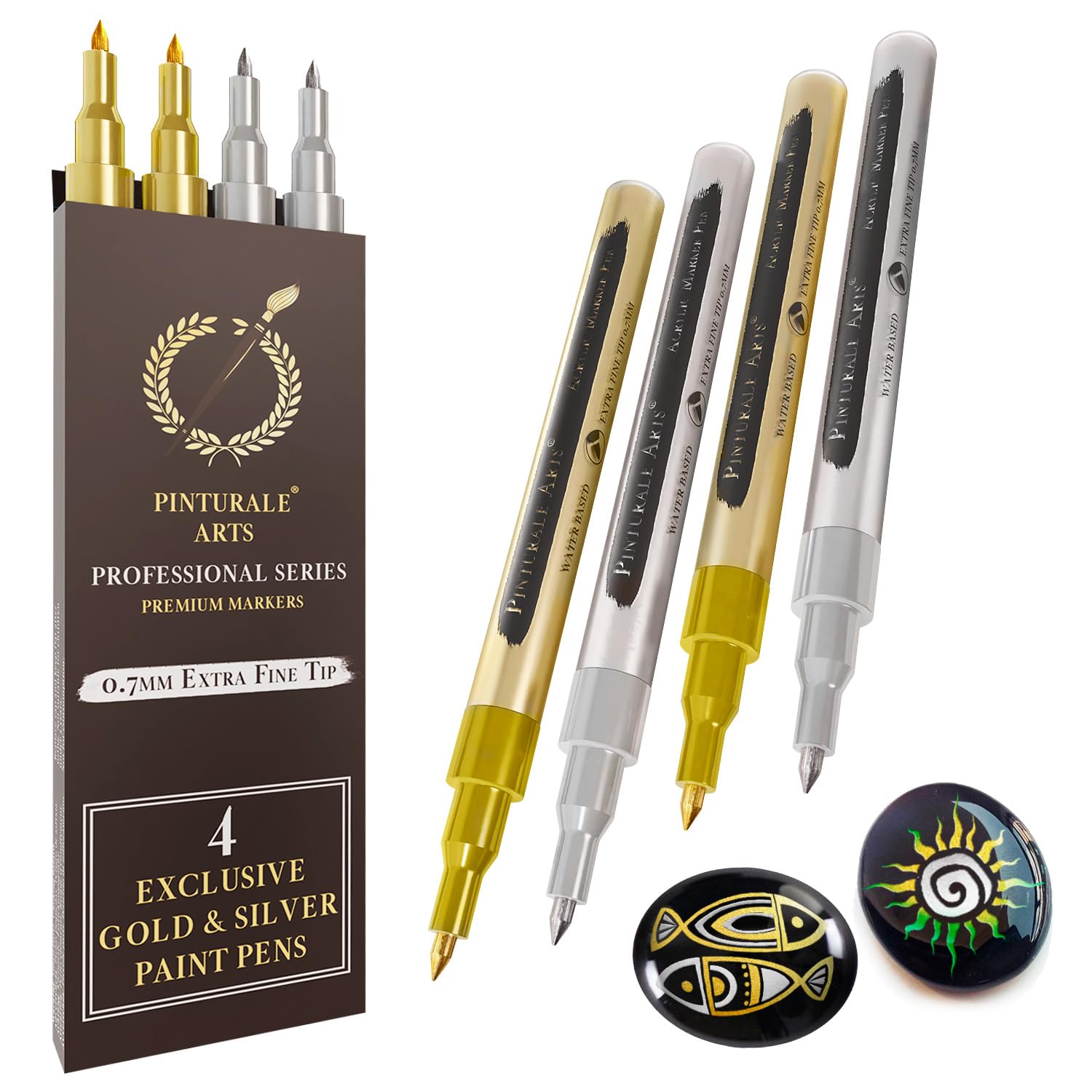 Pinturale Arts Rotuladores Metalizados | Set 4 Rotuladores Acrilicos Metalicos Permanente | 2 Rotulador Dorado y 2 Plateados con Punta Fina 0,7mm | Para Pintar Piedras, Metal, Tela, Ceramica, Madera