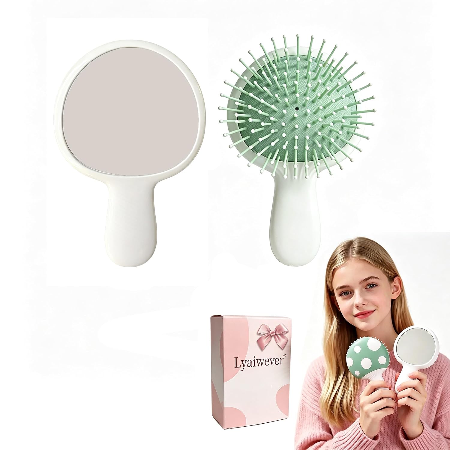 Mini Hair Brush,2 Pieces Mushroom Shaped Mini Hair Brush Handheld Mirror Set Small Cute Detangling Travel Brush and Makeup Mirror Sets For Women Girls Gifts Massage HairBrush with Air Cushion (Green) image 2