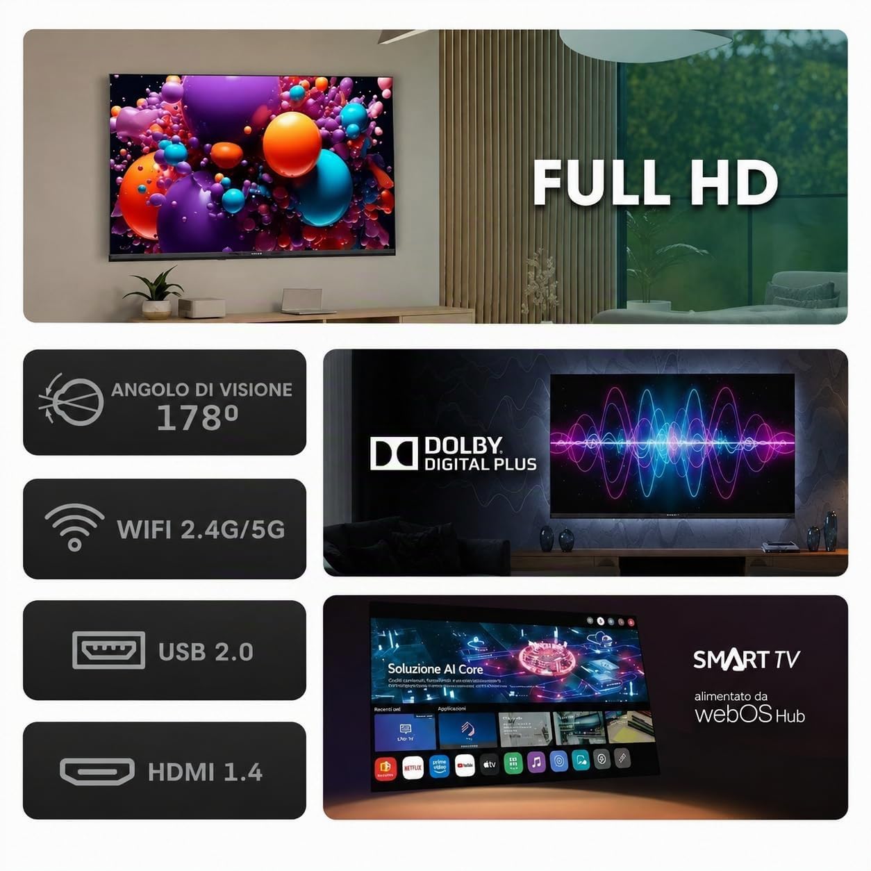 Nilait Prisma 32 Pollici Smart TV LED FHD, WebOS, HDR, WiFi, Controllo Vocale, Televisore Intelligente Compatto da 32"